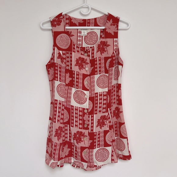 Maniere Tops - Maniere (L) Red White Floral Medallion Patch Canada Resort Sleeveless Tie Top
